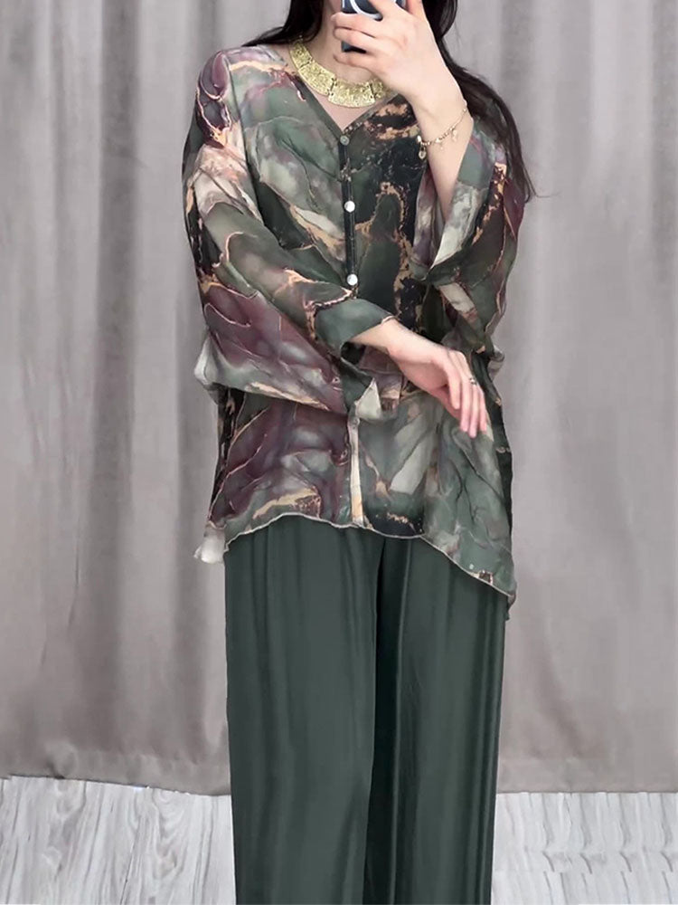 Baroque Style Printed Shirt Wide-leg Pant Suit