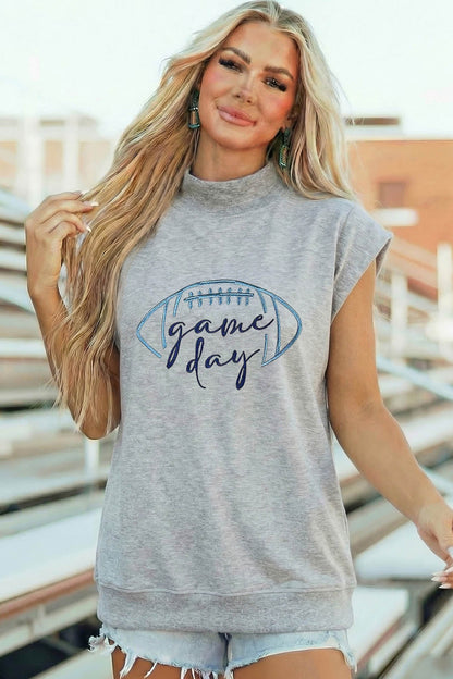 Light Grey Embroidered Game Day Football High Neck Short Sleeve Top