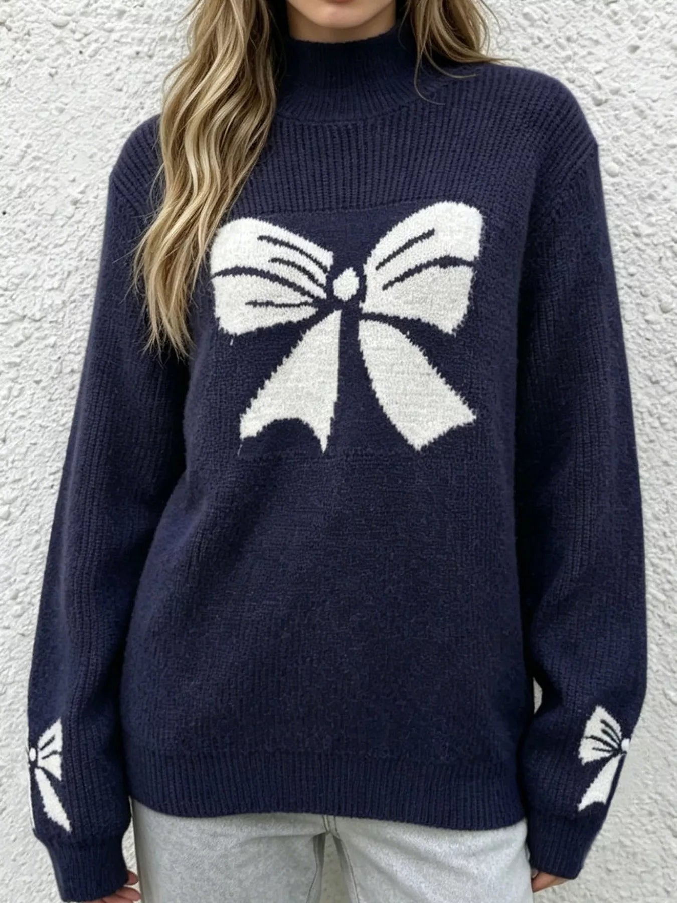 Bowknot Pattern Mock Neck Sweater