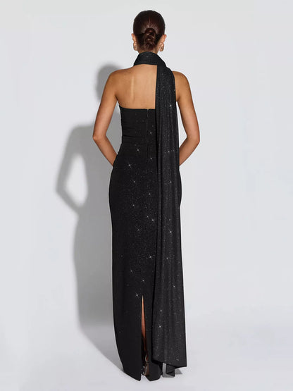Slit Glitter Tube Maxi Dress with Scarf