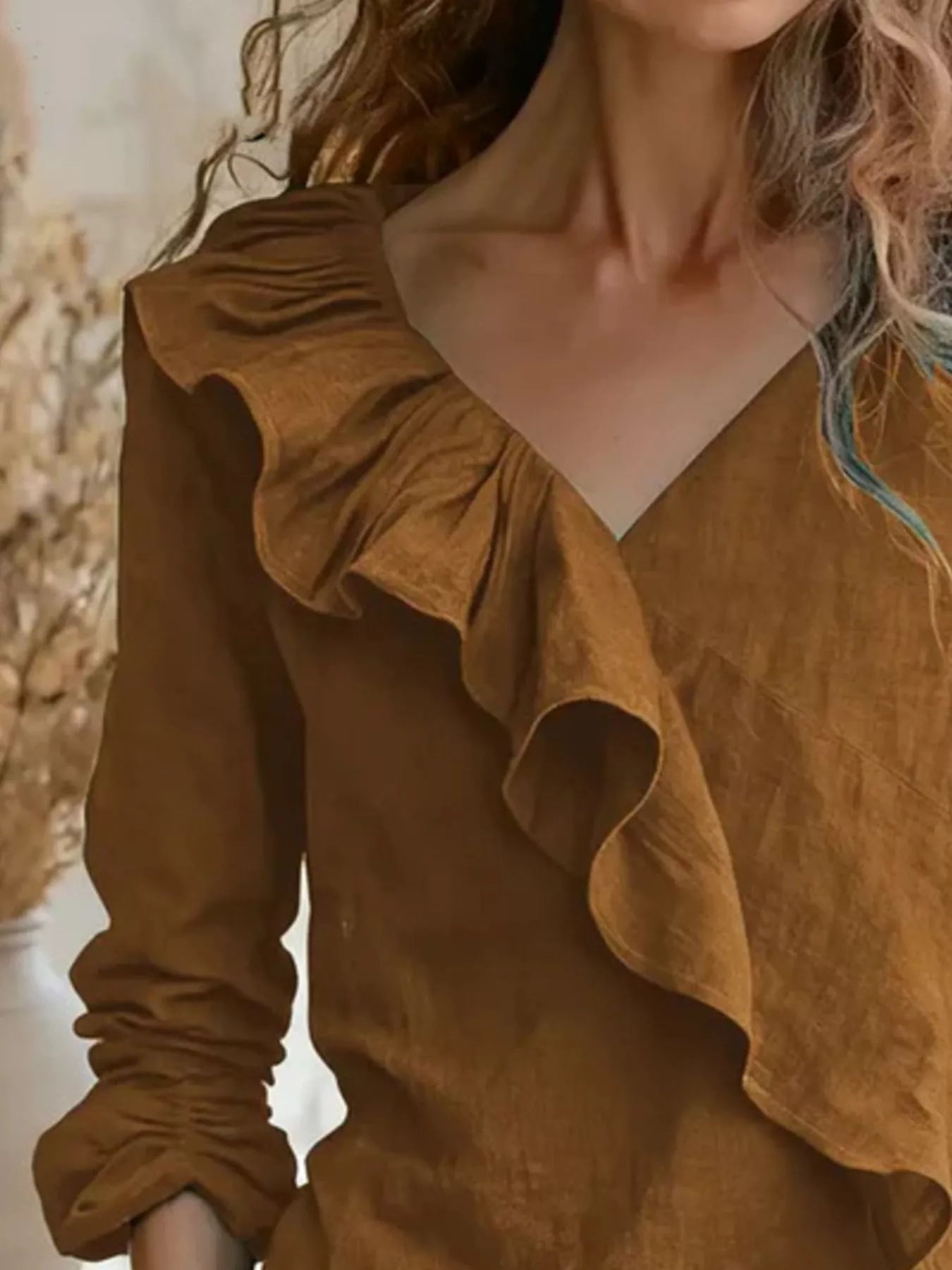 V-Neck Ruffled Long Sleeve Blouse