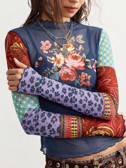 Floral Print Mesh Mock Neck Long Sleeve Top