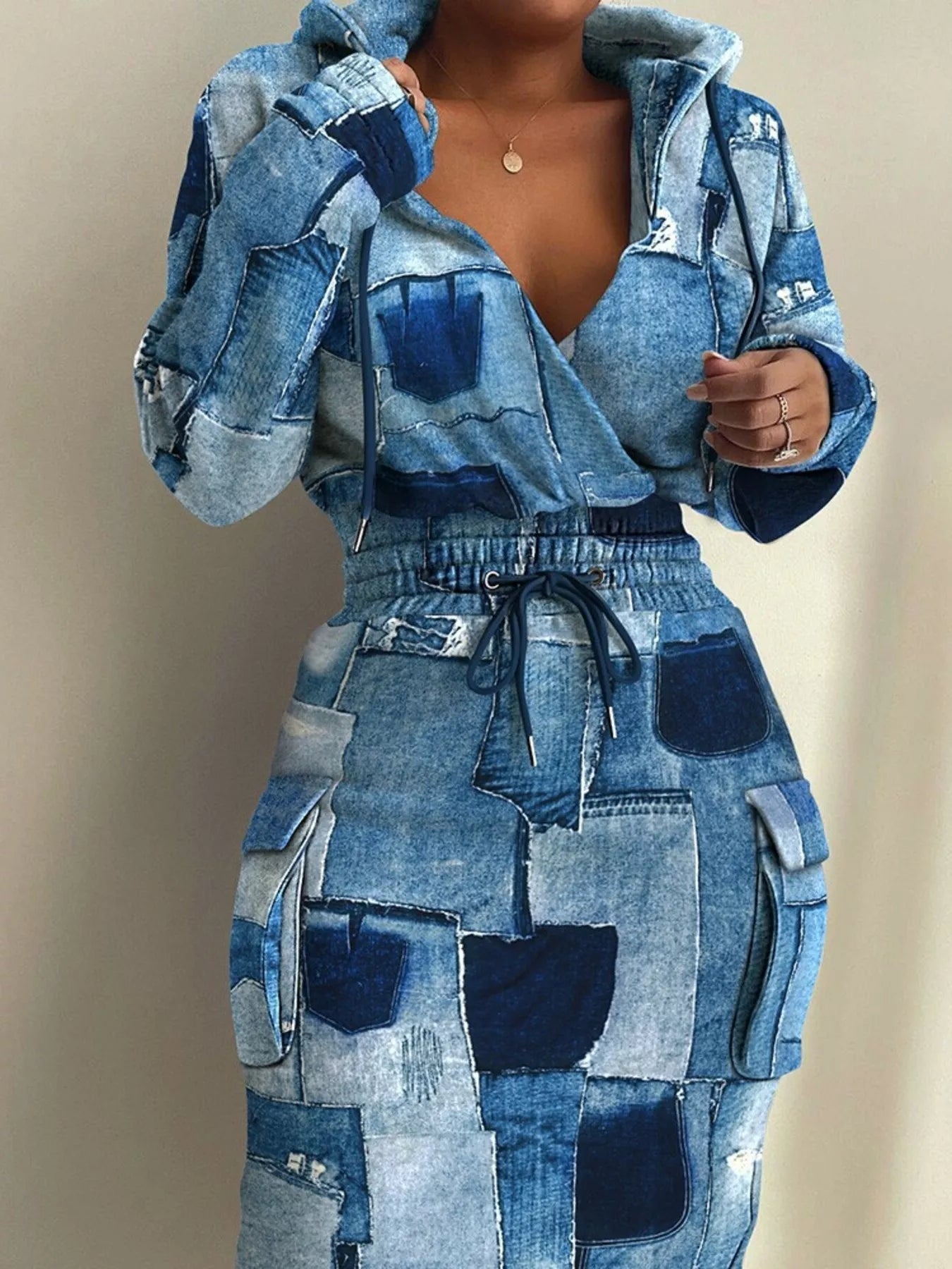 Full Size Drawstring Waist Surplice Printed Dress Plus Size