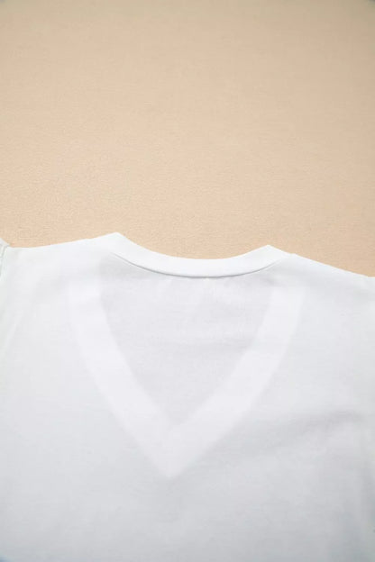 Eyelet Embroidered Flutter Sleeve Patchwork V Neck Tee