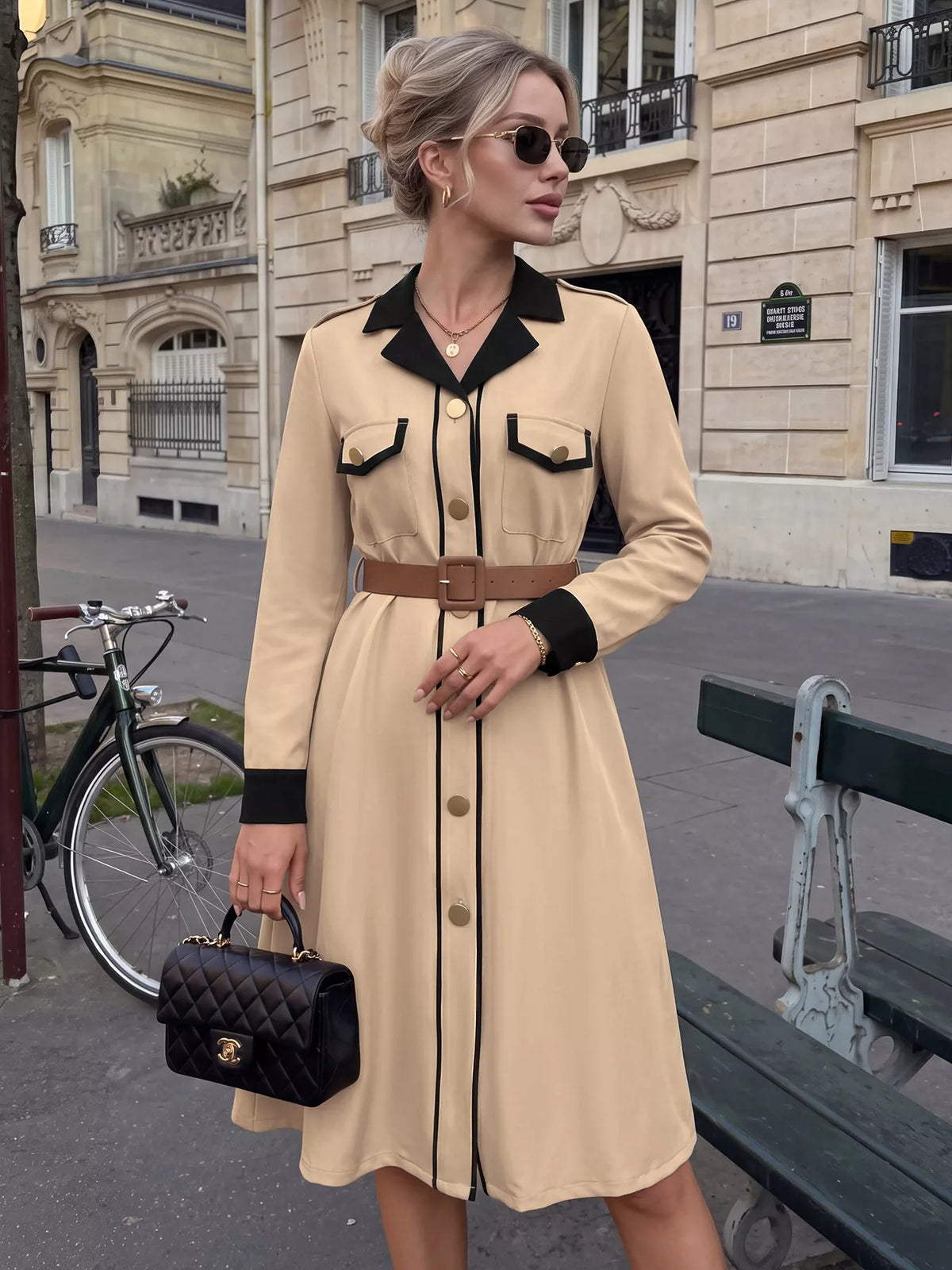 Contrast Lapel Button Front Midi Shirt Dress
