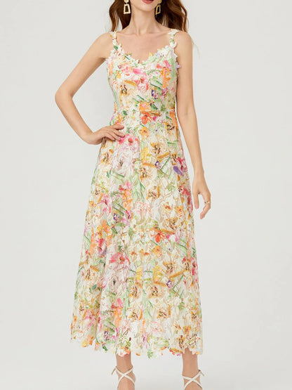 Floral Lace Sleeveless V-Neck Midi Dress