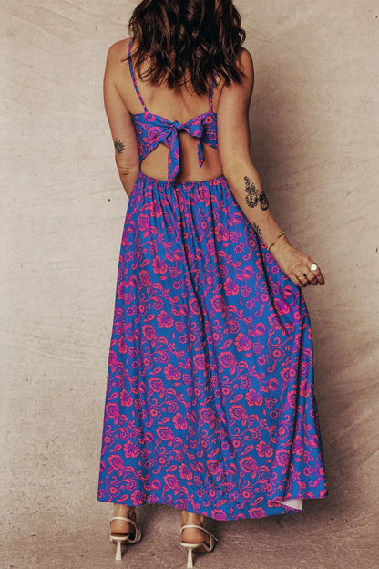 Floral Print Twisted V Neck Tied Backless Maxi Dress