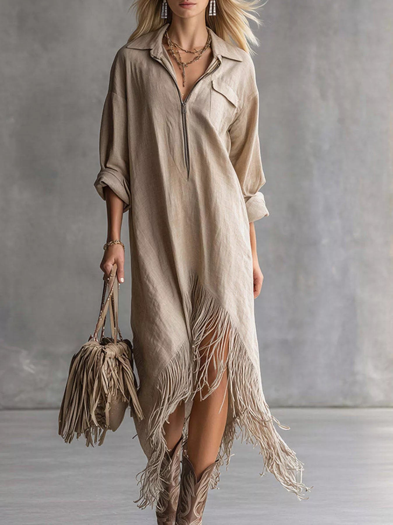 Fringe Hem Zip-Up Shirt Dress