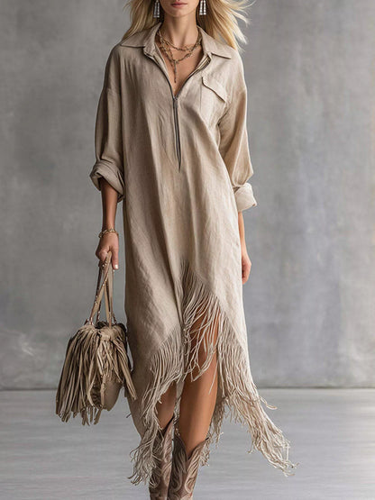 Fringe Hem Zip-Up Shirt Dress