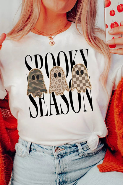 Full Size Spooky Season Ghosts Graphic Short Sleeve Halloween T Shirt Plus Size