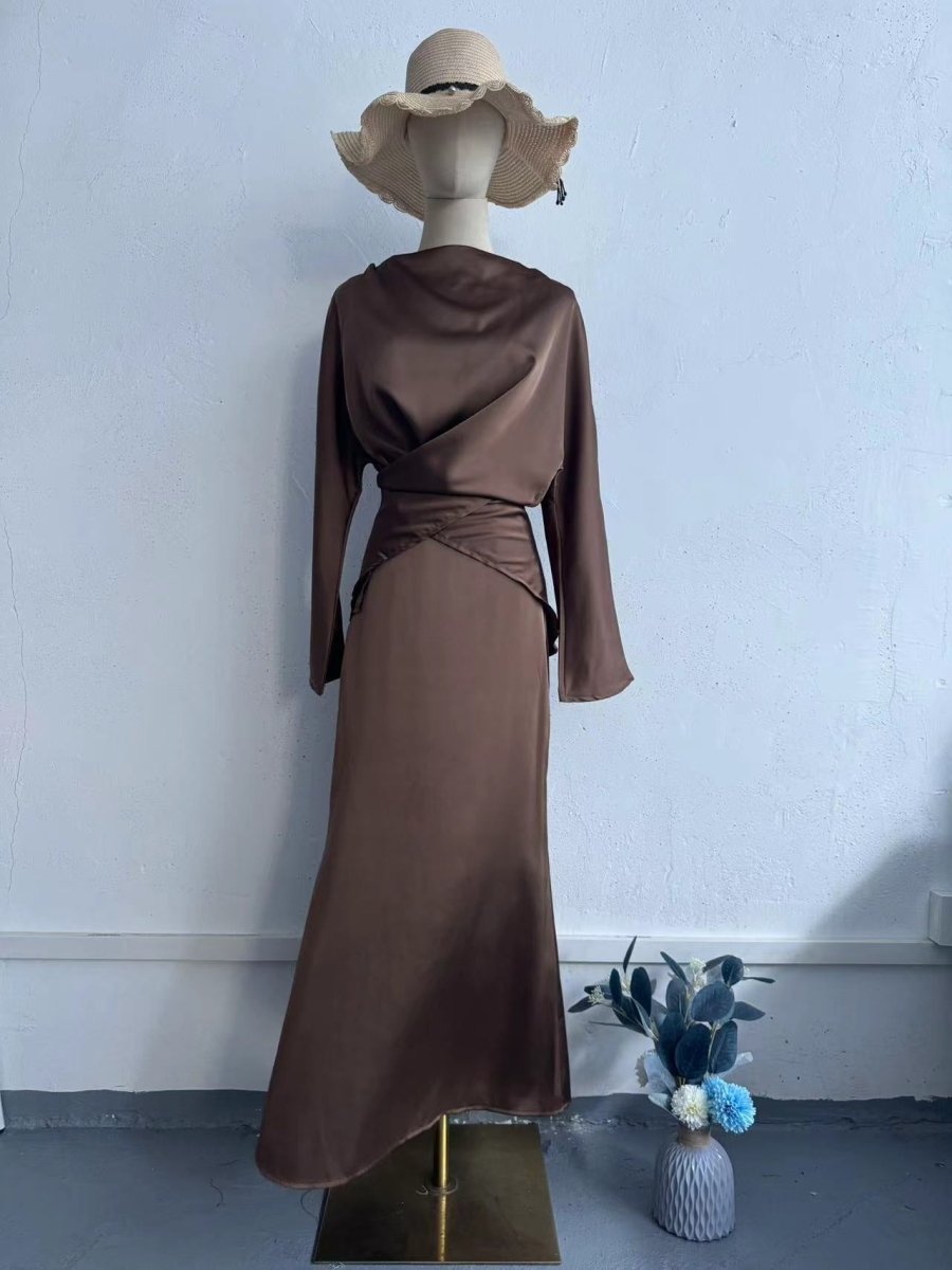 Elegant Long Sleeve Taupe Satin Cross - Lace Waist Skirt Two - Piece Abaya Outfit. (MA208) - Mariam's Collection