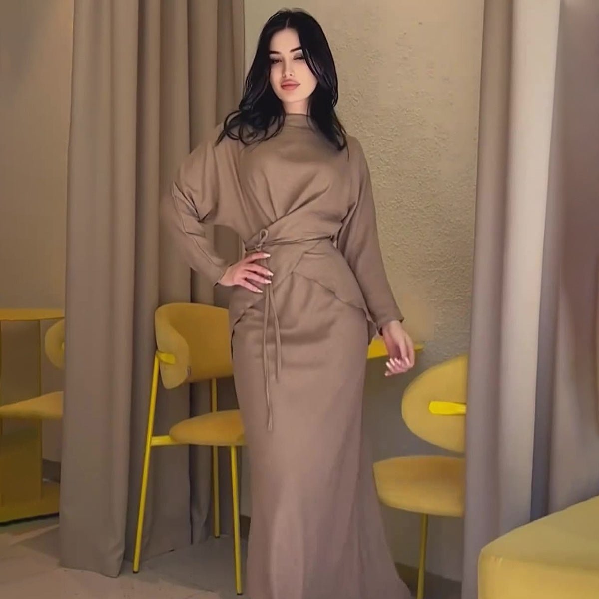 Elegant Long Sleeve Taupe Satin Cross - Lace Waist Skirt Two - Piece Abaya Outfit. (MA208) - Mariam's Collection