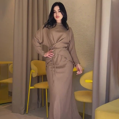 Elegant Long Sleeve Taupe Satin Cross - Lace Waist Skirt Two - Piece Abaya Outfit. (MA208) - Mariam's Collection