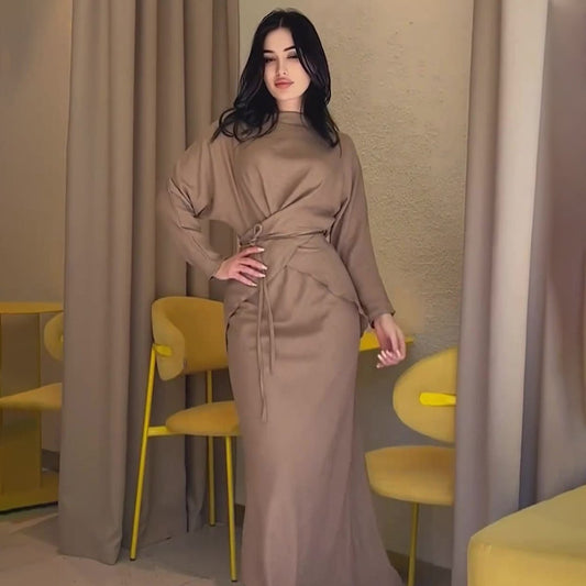 Elegant Long Sleeve Taupe Satin Cross - Lace Waist Skirt Two - Piece Abaya Outfit. (MA208) - Mariam's Collection