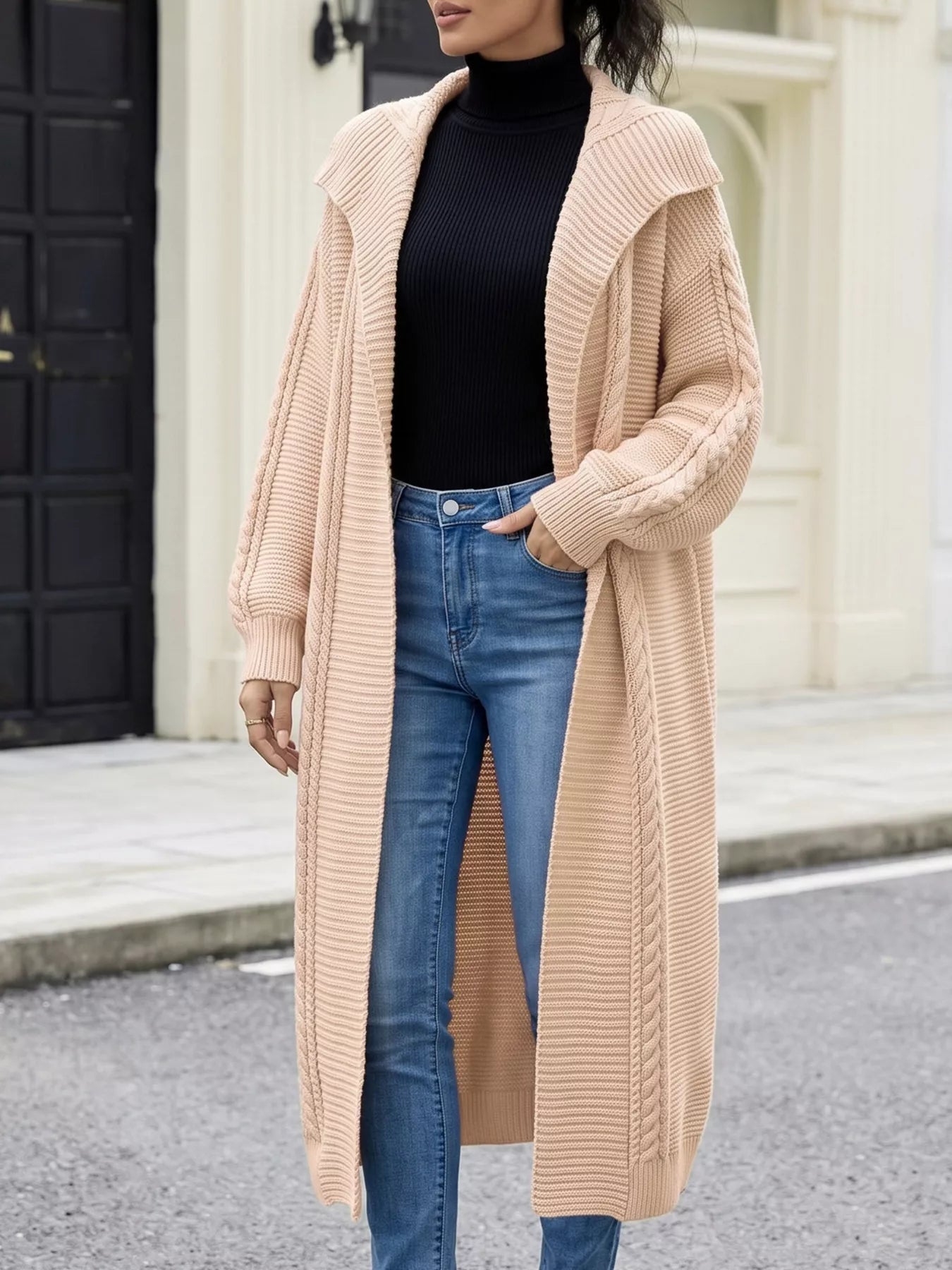 Cable-Knit Open-Front Longline Cardigan