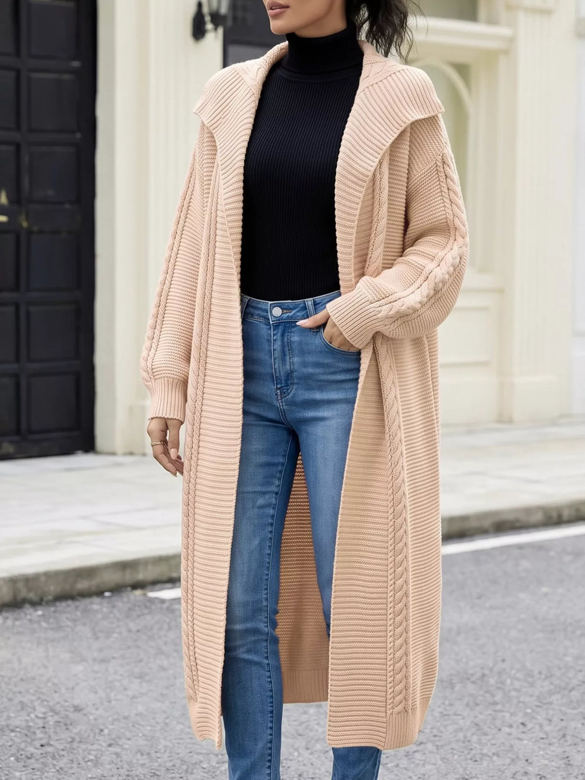Cable-Knit Open-Front Longline Cardigan