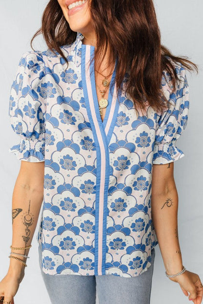 Floral V-Neck Flounced Short Sleeve Blouse