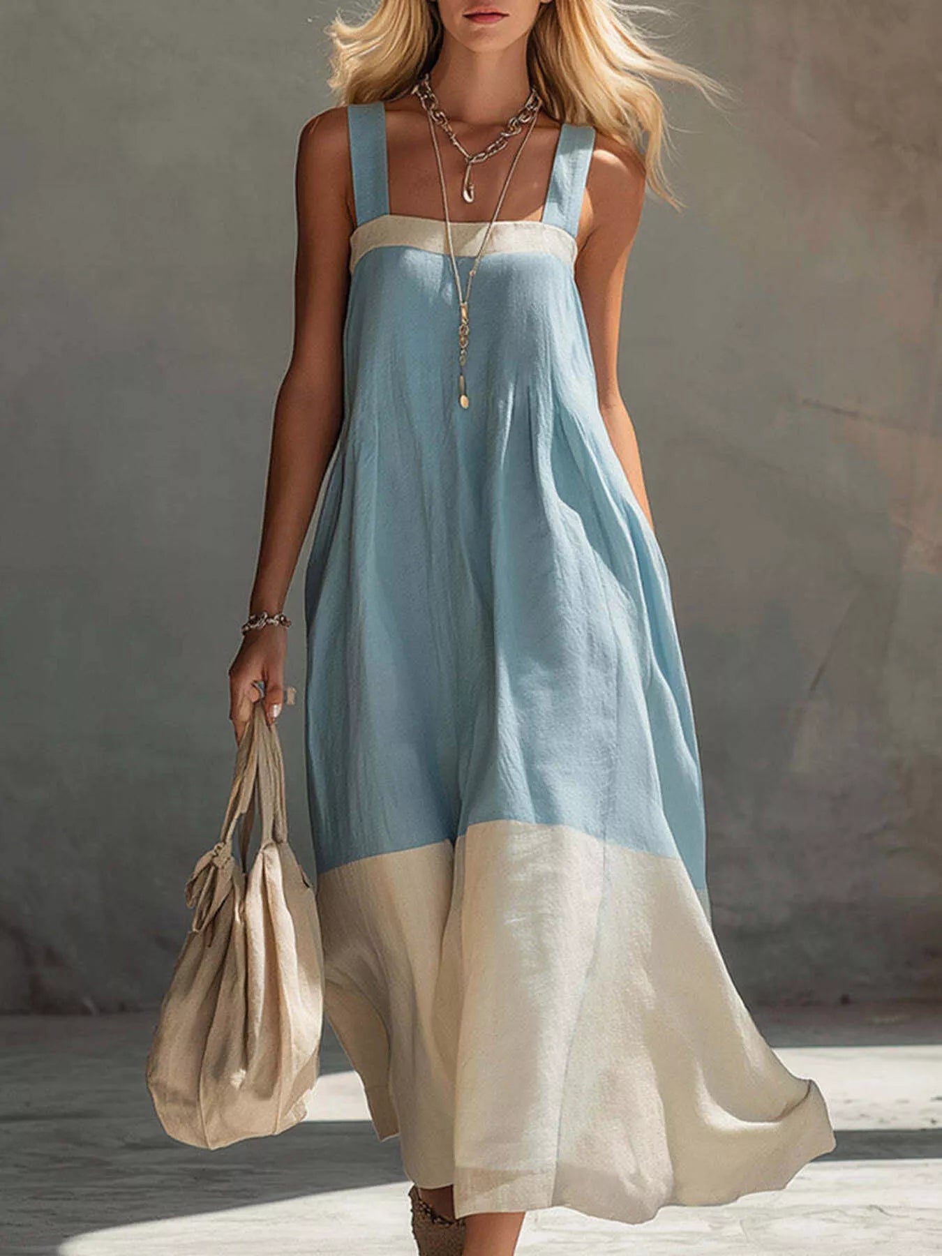 Color-Block Sleeveless Linen-Blend Midi Dress