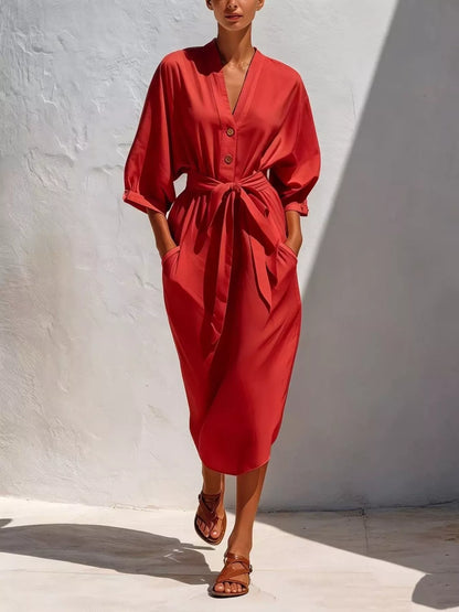 Full Size Tie Waist V-Neck Midi Dress Plus Size