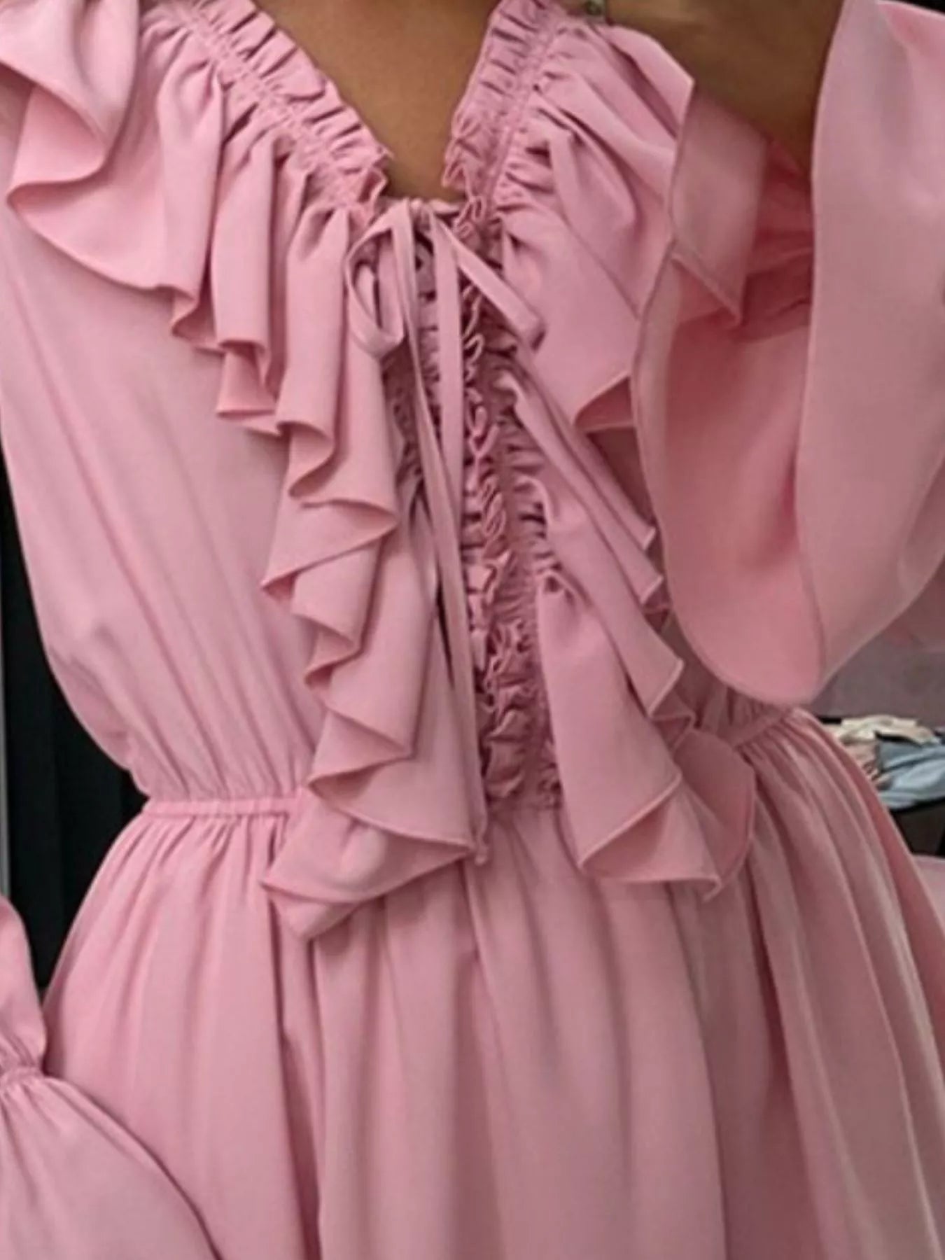 Ruffled V-Neck Long Sleeve Mini Dress