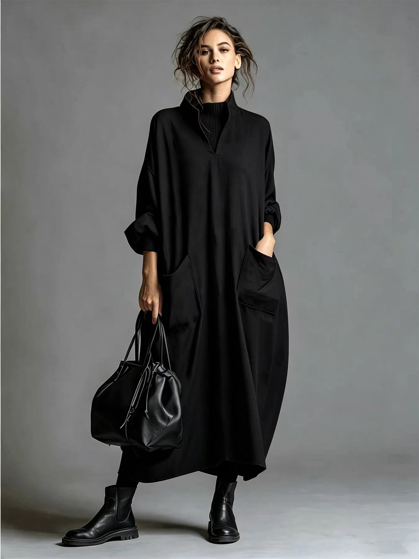 Full Size Loose-Fit Mock Neck Midi Dress with Pockets Plus Size