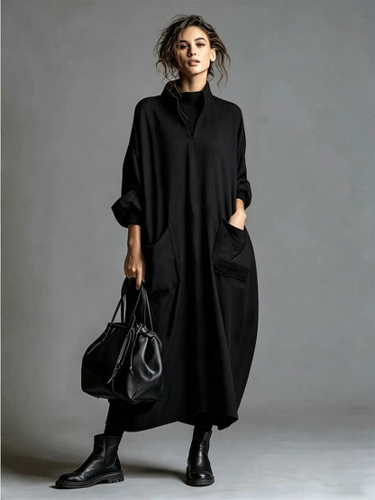 Full Size Loose-Fit Mock Neck Midi Dress with Pockets Plus Size