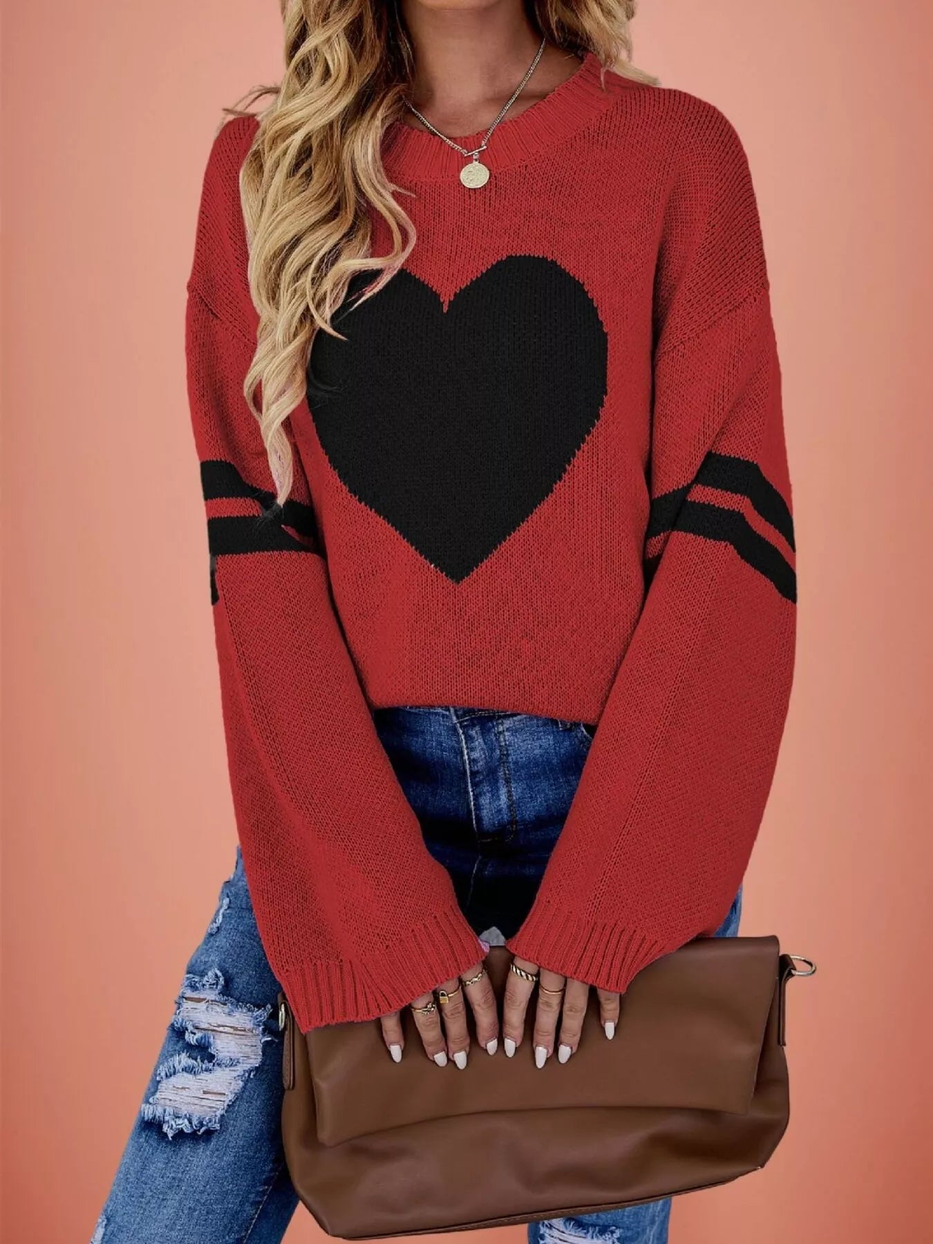 Heart Pattern Dropped Shoulder Sweater