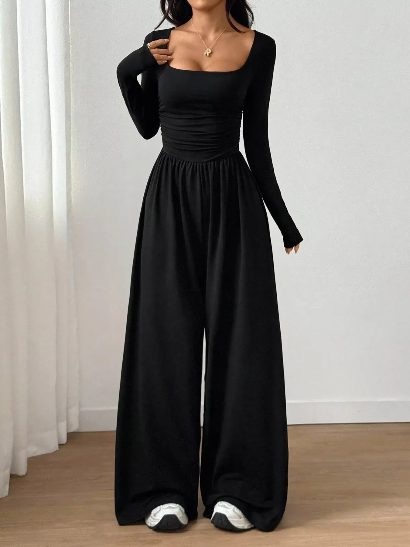 Ruched Square Neck Wide-Leg Jumpsuit