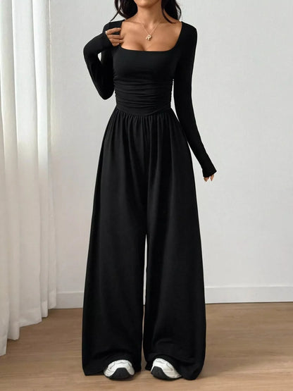 Ruched Square Neck Wide-Leg Jumpsuit
