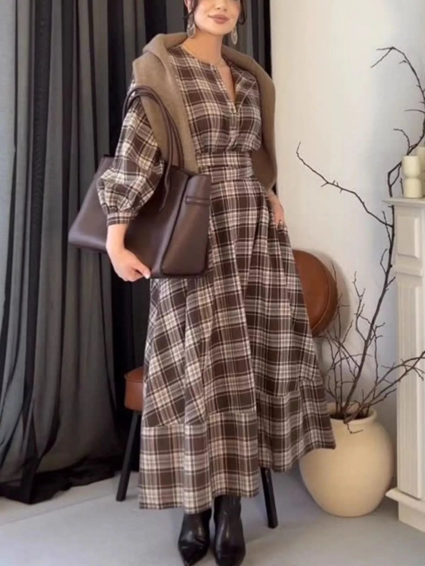 Vintage Plaid Puff Sleeve Midi Dress