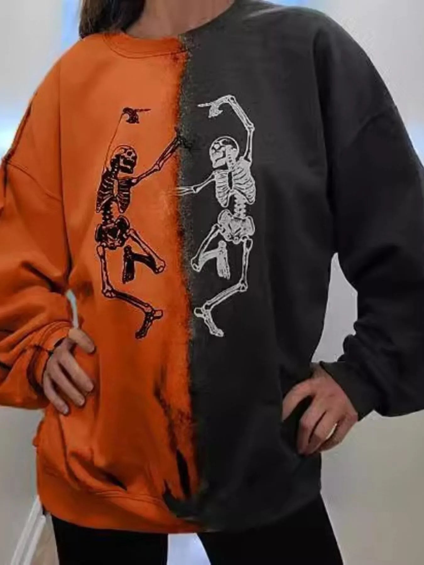 Halloween Skeleton Print Color Block Sweatshirt