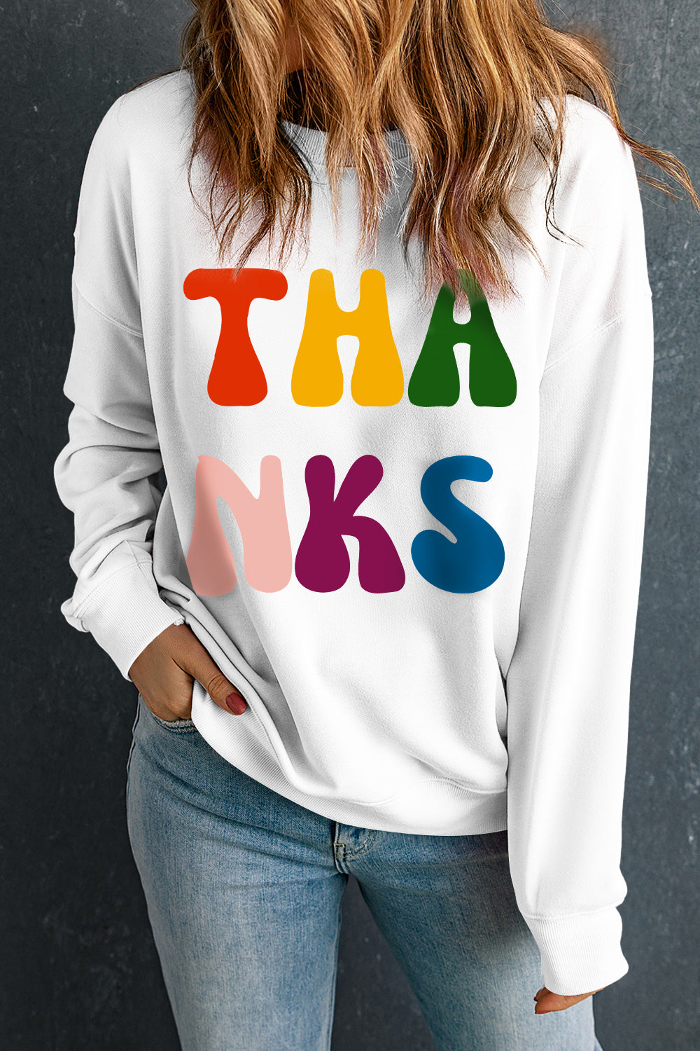 | Thanks Round Neck Long Sleeve Sweatshirt