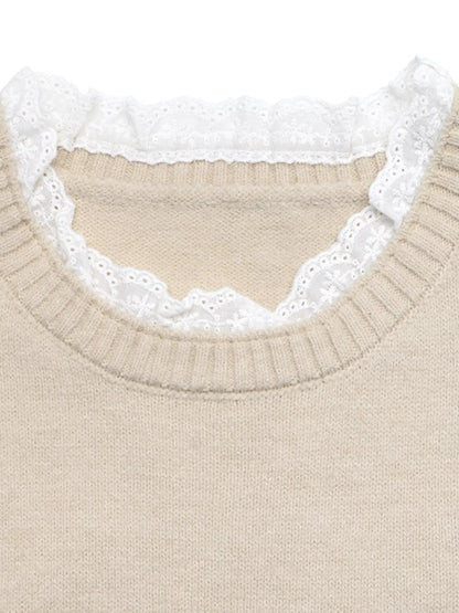 Elegant Lace Trim Round Neck Sweater
