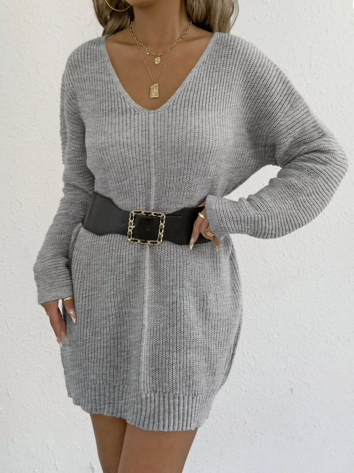 V-Neck Ribbed Knit Sweater Dress