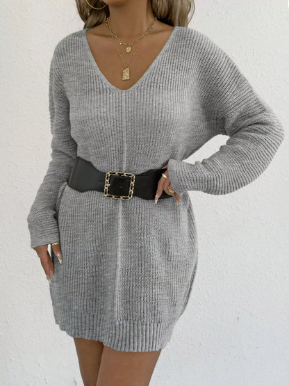 V-Neck Ribbed Knit Sweater Dress
