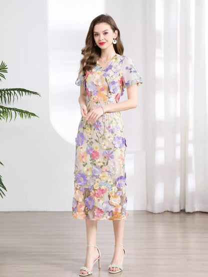 Floral Embroidered Puff Sleeve Midi Dress