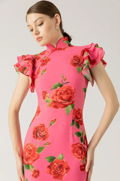 Robe longue extensible à manches évasées et à imprimé floral rose style cheongsam