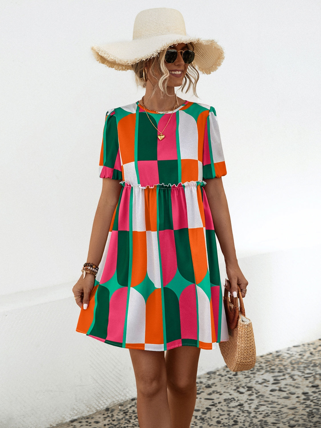 Blue Zone Planet | Geometric Frill Round Neck Short Sleeve Dress