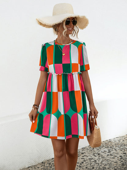 Blue Zone Planet | Geometric Frill Round Neck Short Sleeve Dress