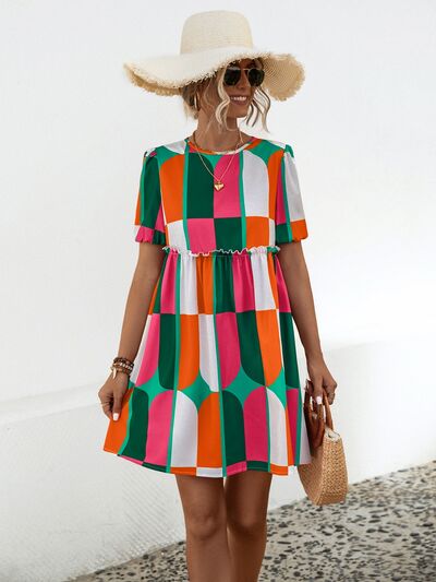 Blue Zone Planet | Geometric Frill Round Neck Short Sleeve Dress