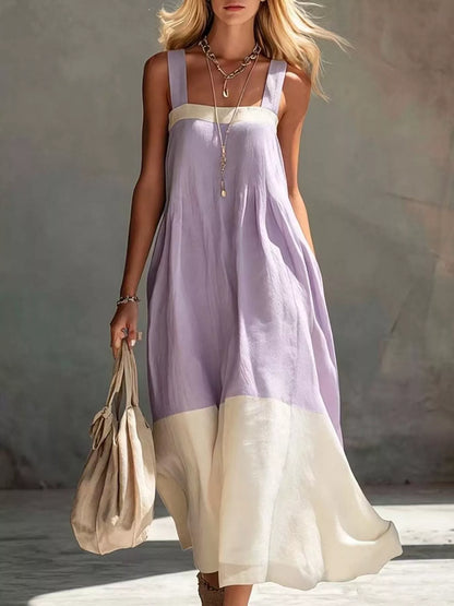 Color-Block Sleeveless Linen-Blend Midi Dress