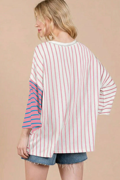 Green Stripe Colorblock 3/4 Sleeve Loose T Shirt