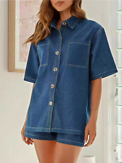 Button Up Denim Shirt and Shorts Set