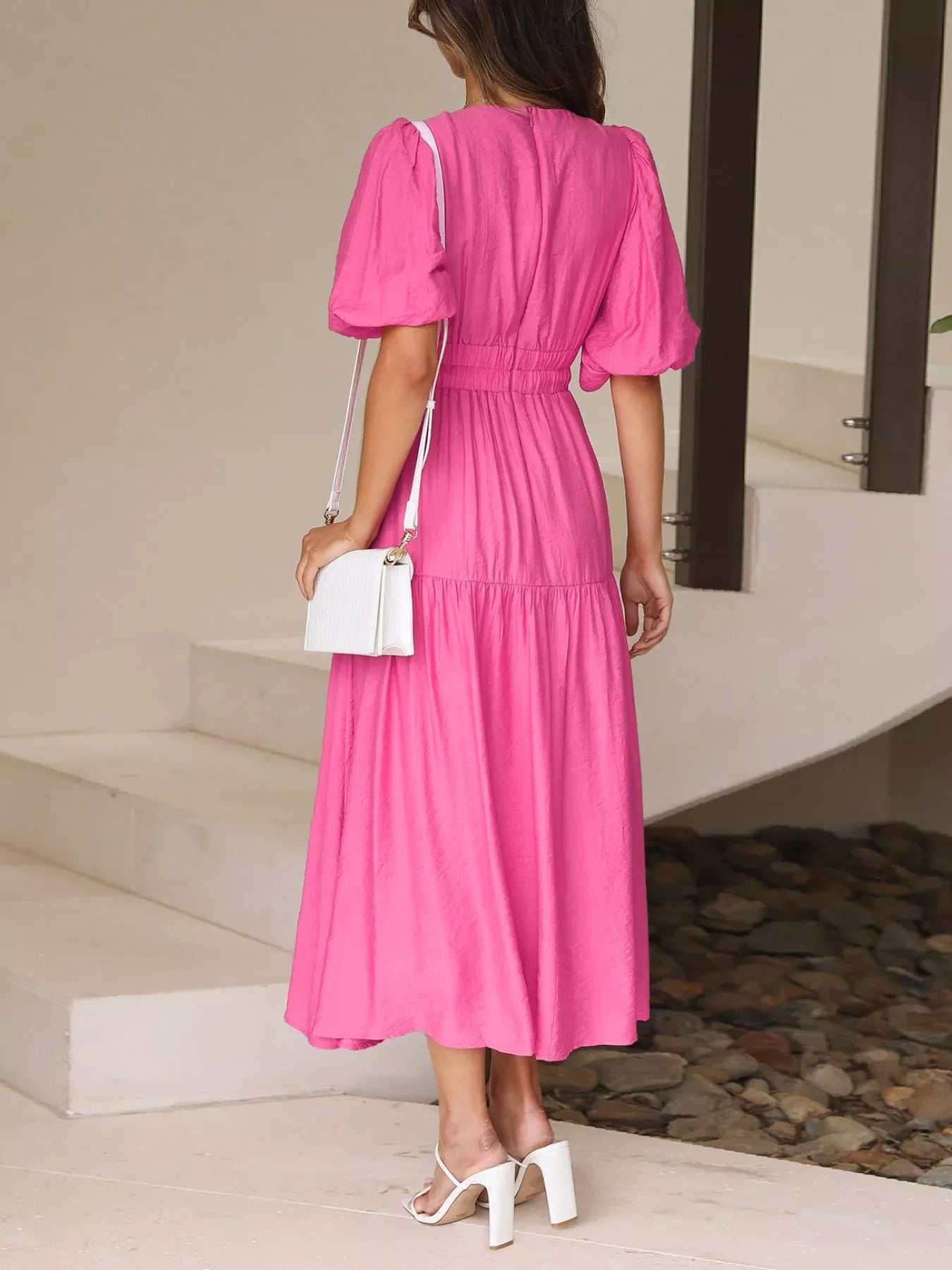 Elegant Puff Sleeve V-Neck Midi Dress
