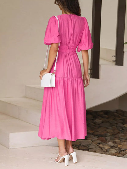 Elegant Puff Sleeve V-Neck Midi Dress