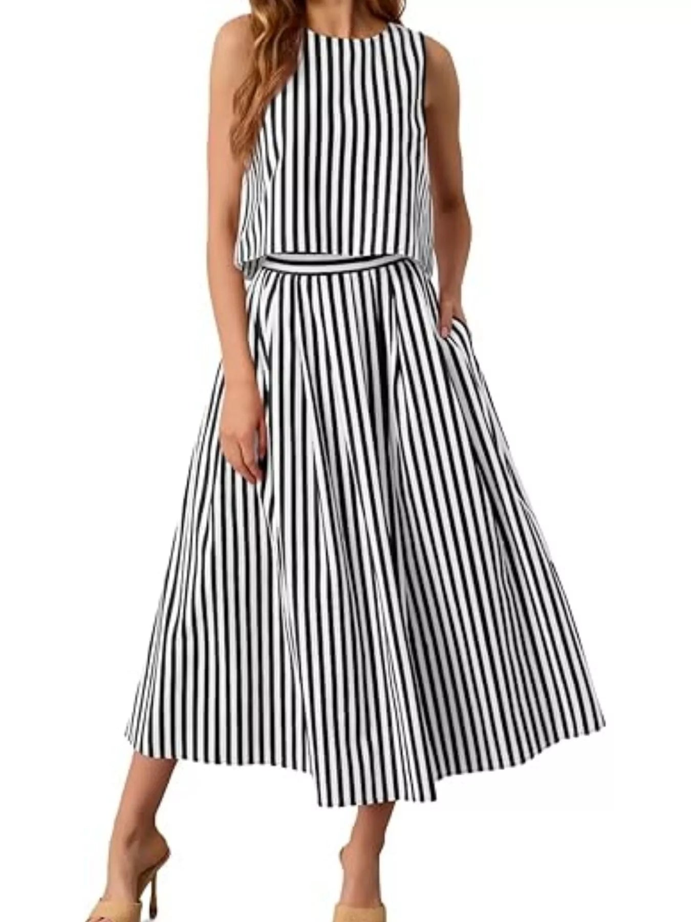 Striped Sleeveless Top and Midi Skirt Two-Piece Set