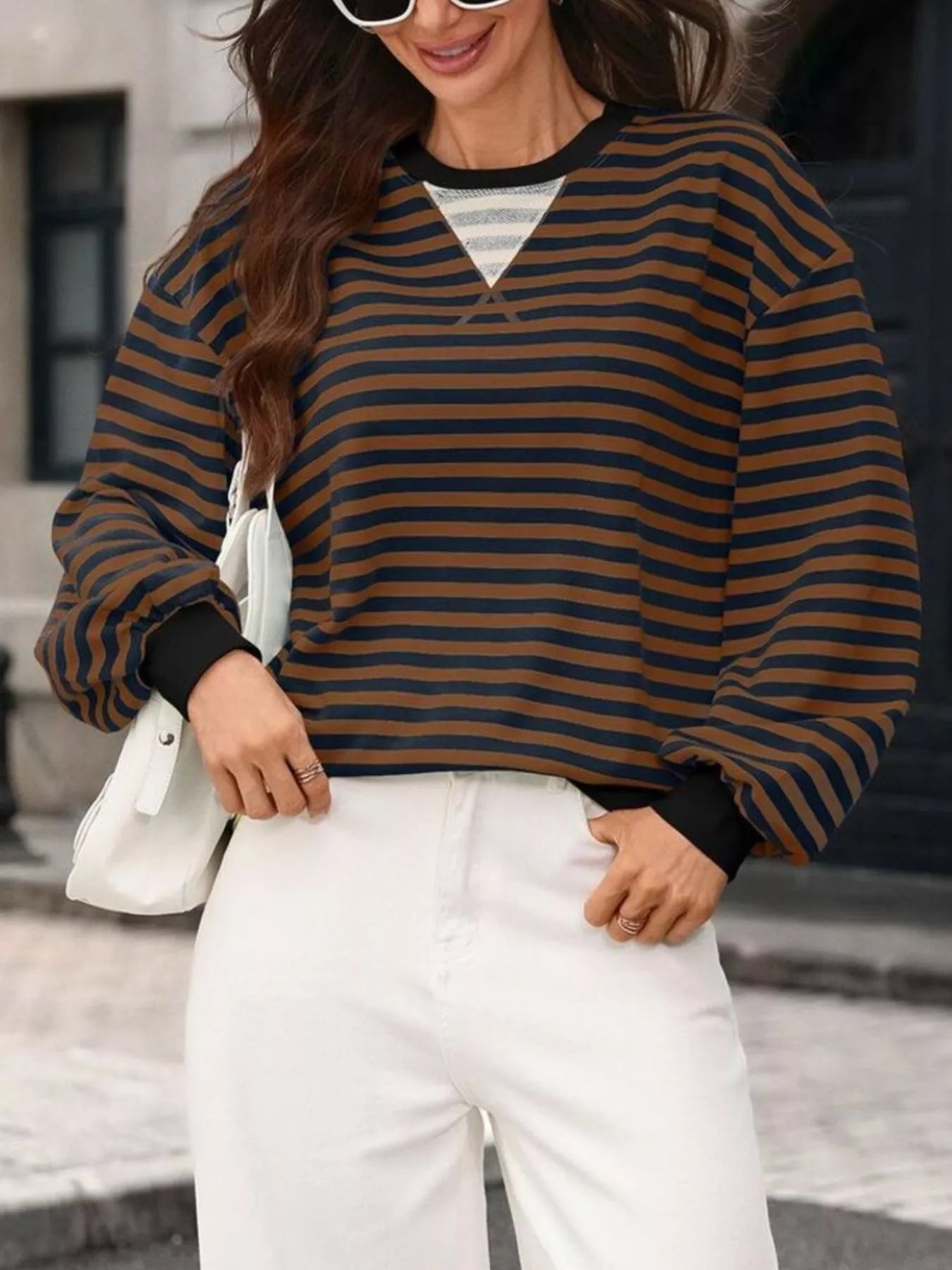 Contrast Trim Striped Crew Neck Sweatshirt