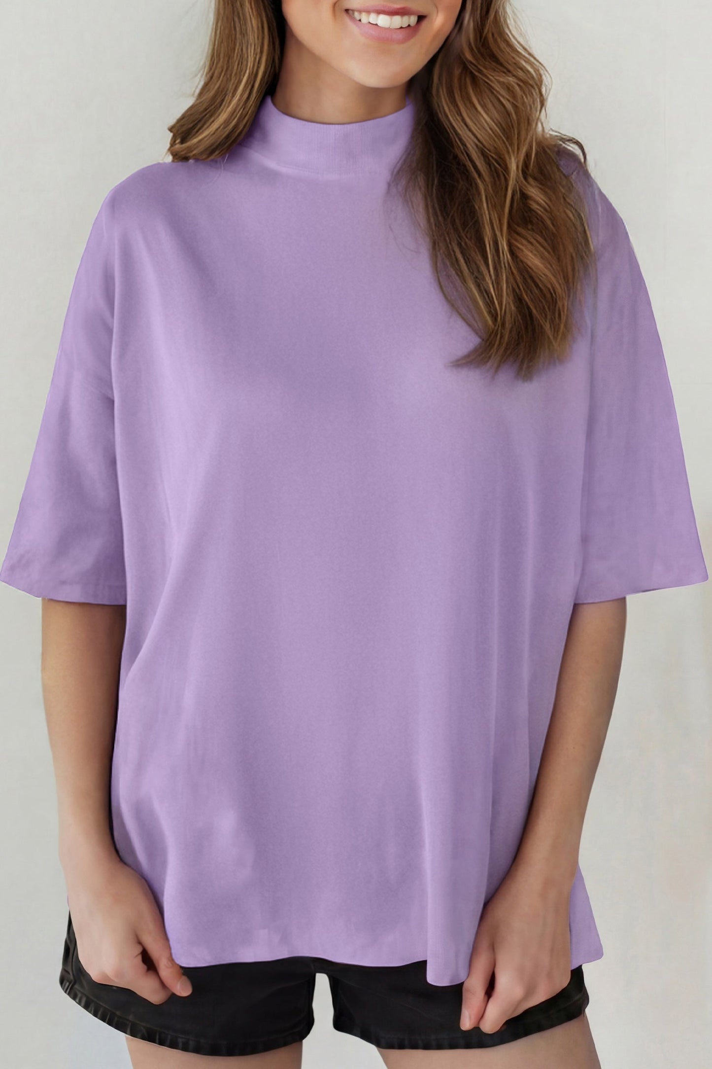 Pink Solid Color High Neck Oversize Tee