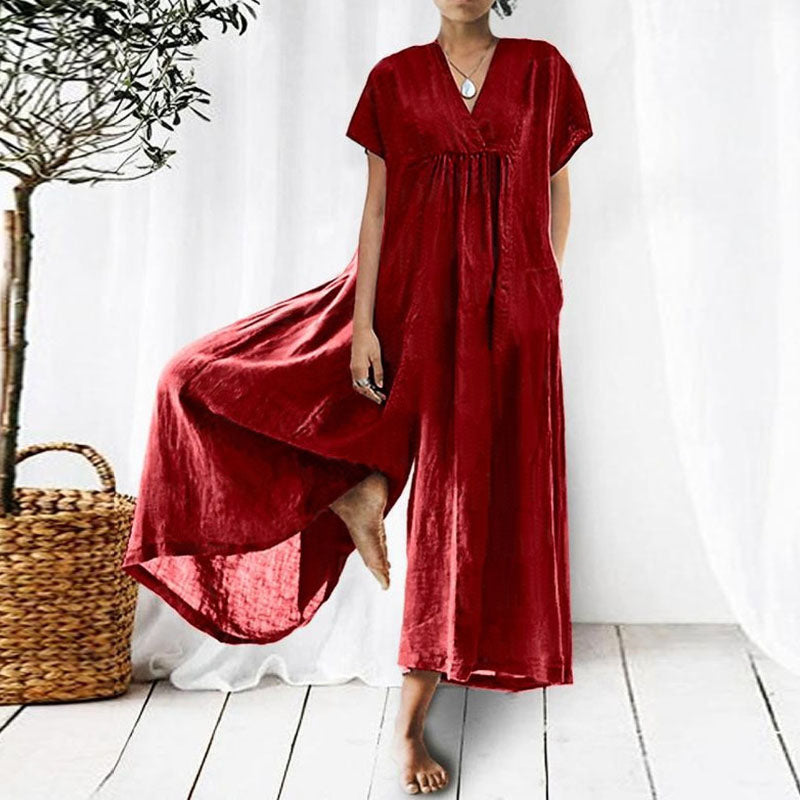 Loose V-neck Long Short Sleeves Jumpsuit