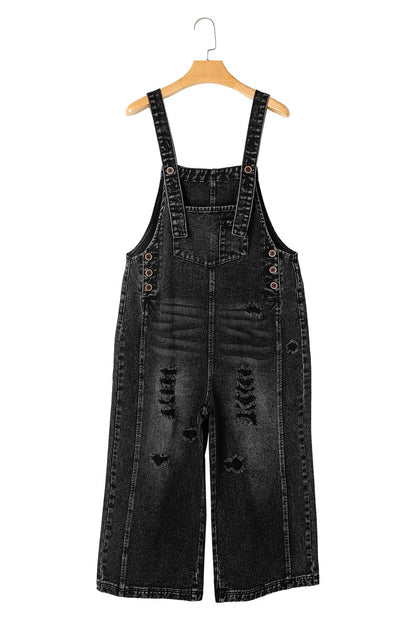 Blue Zone Planet | Stone Blue Distressed Bib Pocket Wide Leg Denim Overall